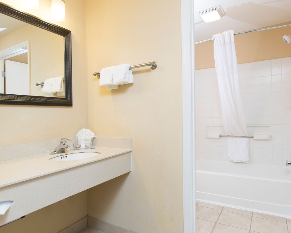 A bathroom with a sink, mirror, and shower